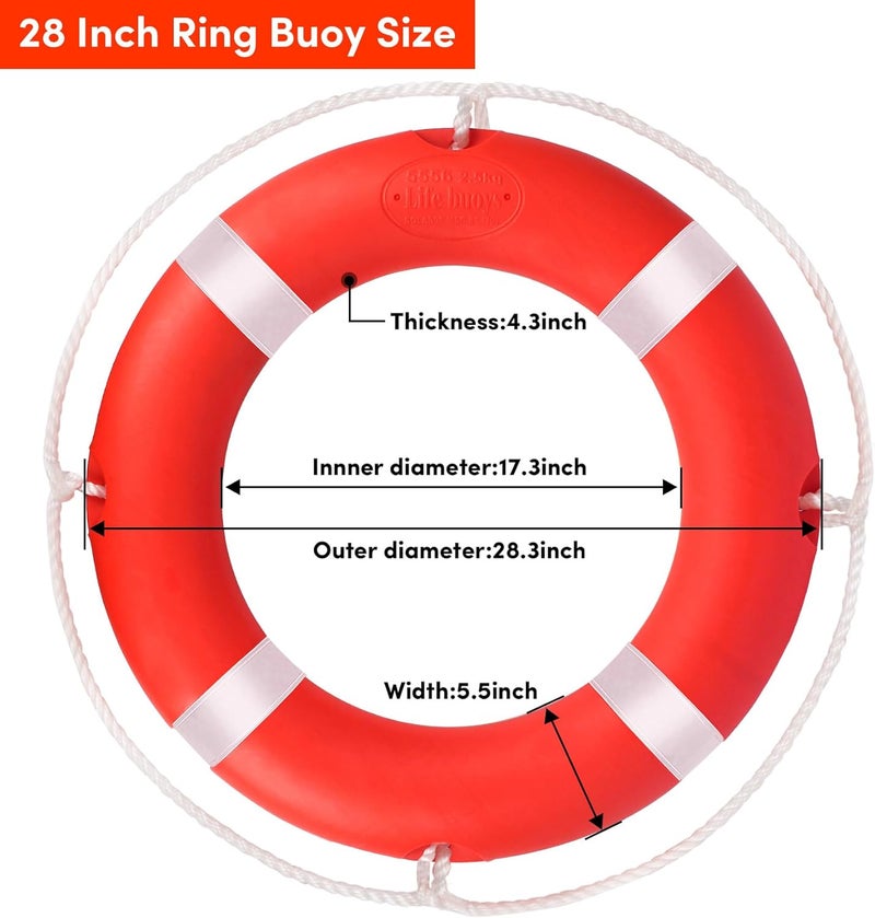 BALAVA Life Ring 23"/28" Boat Safety Throw Buoy With Reflective Tape & Grab Lines - Orange for Boats, Includes Water Floating Saving Rope and Bracket - Image 2